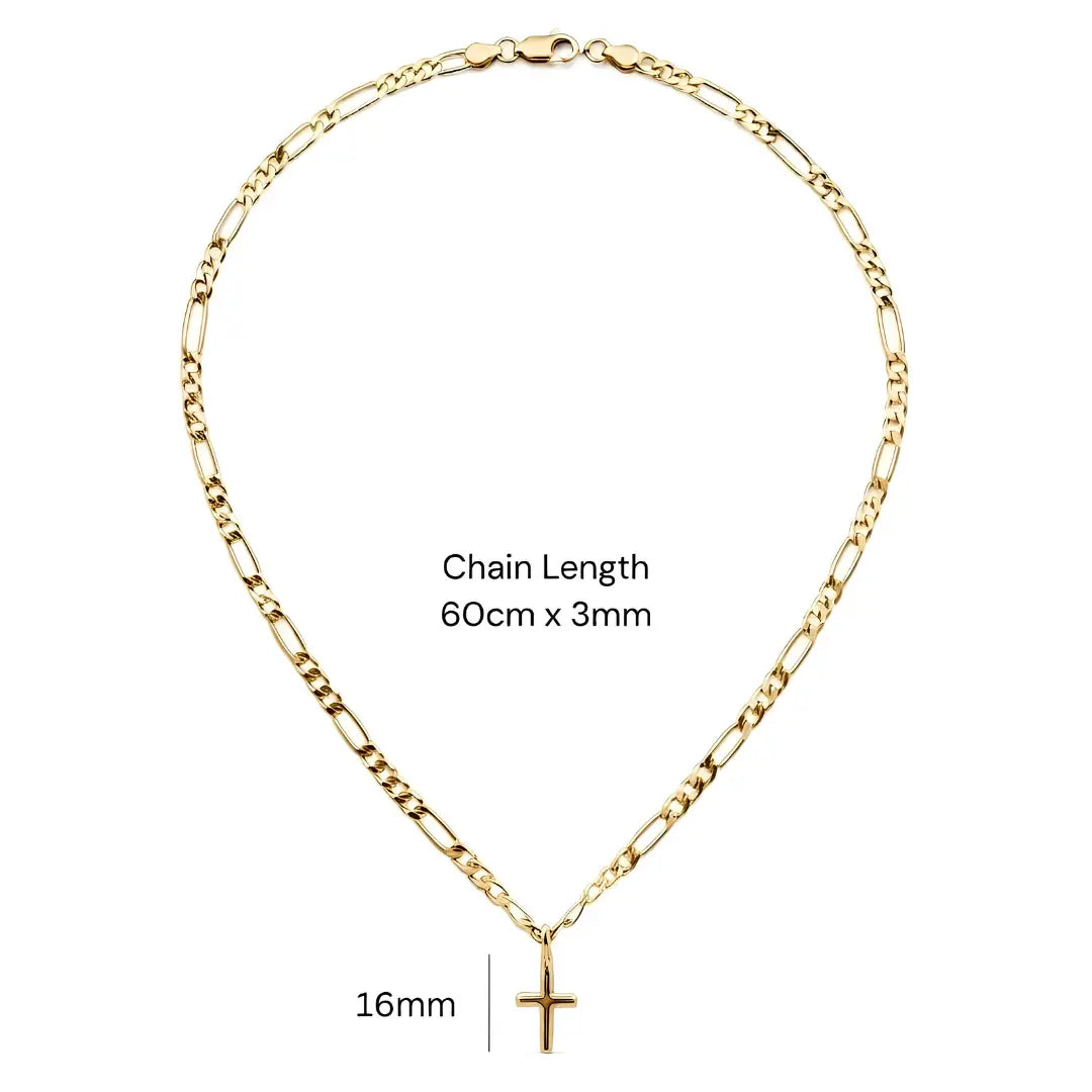 18K Gold Filled Minimalist Cross Necklace – Classic 16mm Latin Cross Pendant with 60cm x 3mm Figaro Chain for Men