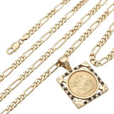 18K Gold Filled Square Sovereign Pendant Necklace with Black & White Diamonds – 20mm x 20mm Medallion with Pavé Dual-Tone Halo & 60cm x 6mm Figaro Chain for Men