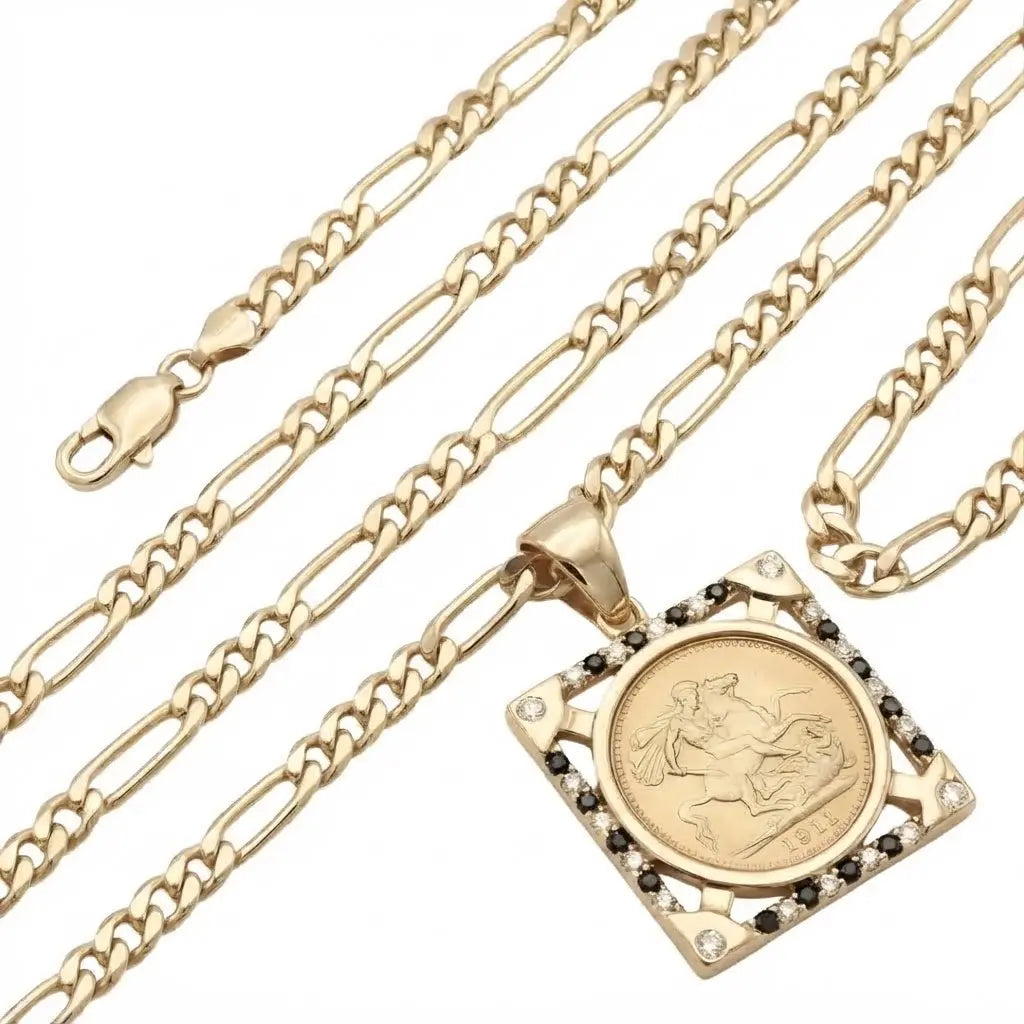 18K Gold Filled Square Sovereign Pendant Necklace with Black & White Diamonds – 20mm x 20mm Medallion with Pavé Dual-Tone Halo & 60cm x 6mm Figaro Chain for Men