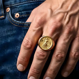 18K Gold Filled Liberty Coin Sovereign Ring – Bold Engraved Statement Signet Ring for Men