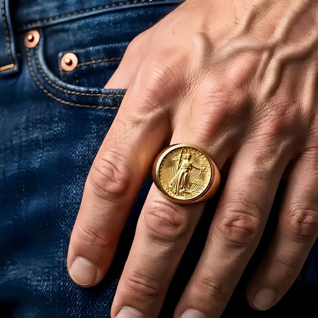 18K Gold Filled Liberty Coin Sovereign Ring – Bold Engraved Statement Signet Ring for Men