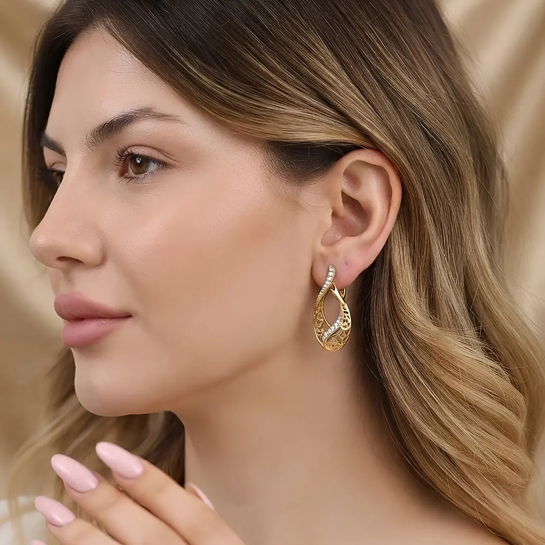 18K Gold Filled Egyptian Pattern Huggie Earrings with Cubic Zirconia – 12mm Wavy Textured Heritage Hoop Earrings for Women