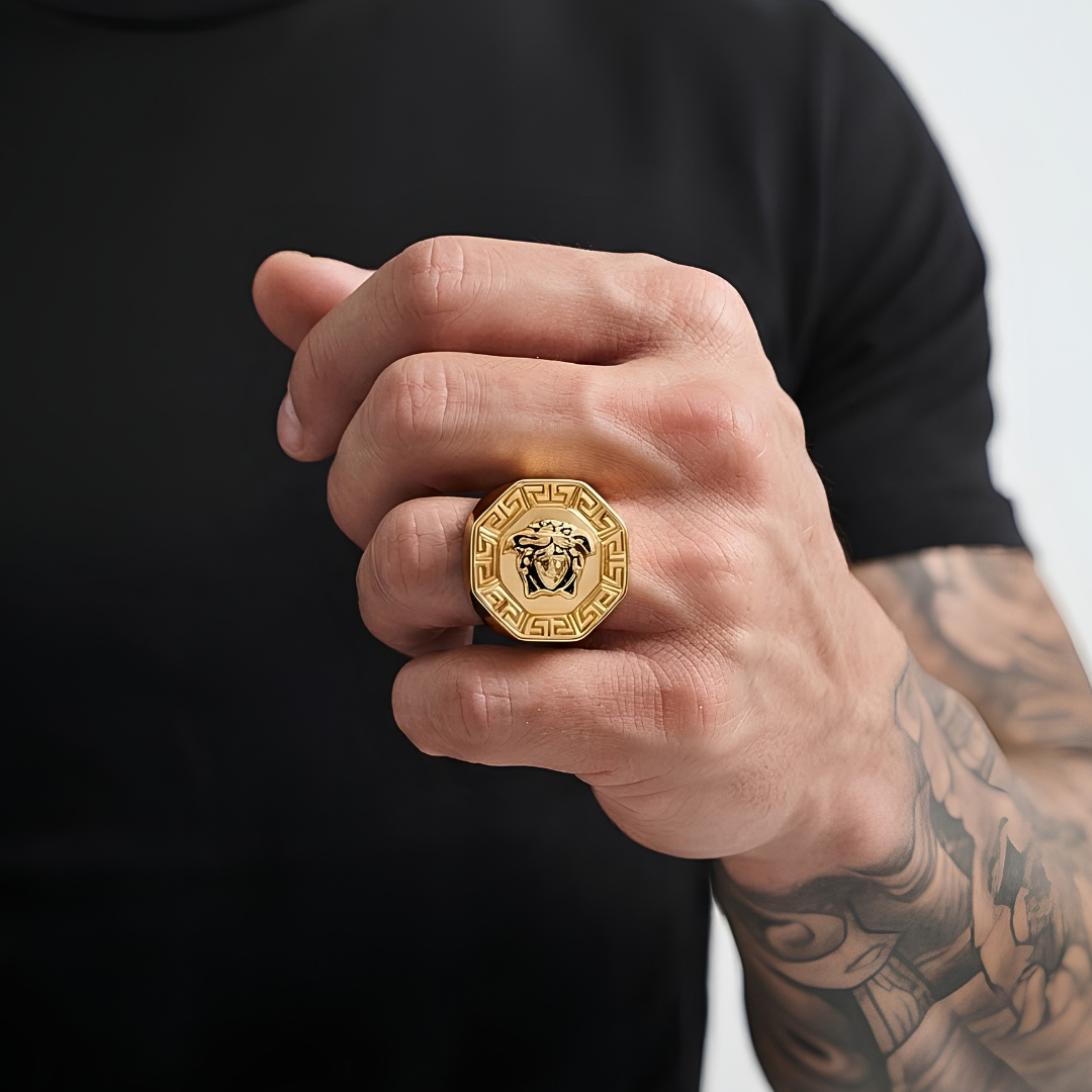 18K Gold Filled Greek Mythology Octagon Signet Ring – High-Relief Mythic Motif with Black Enamel Center & Meander Border