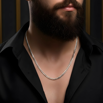Silver Rhodium Plated Curb Cuban Link Chain Necklace – Classic Flat-Beveled Silver Chain for Men & Women