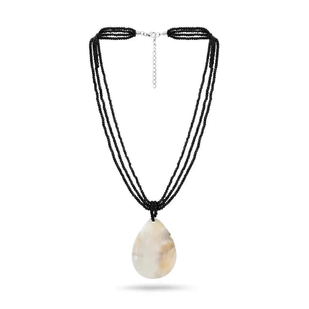 Women’s Black Beaded 3-Layer Necklace with Oval Mother of Pearl Pendant