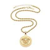 18K Gold Filled Iconic Greek Medusa Head Pendant Necklace – Medallion with Rope Chain