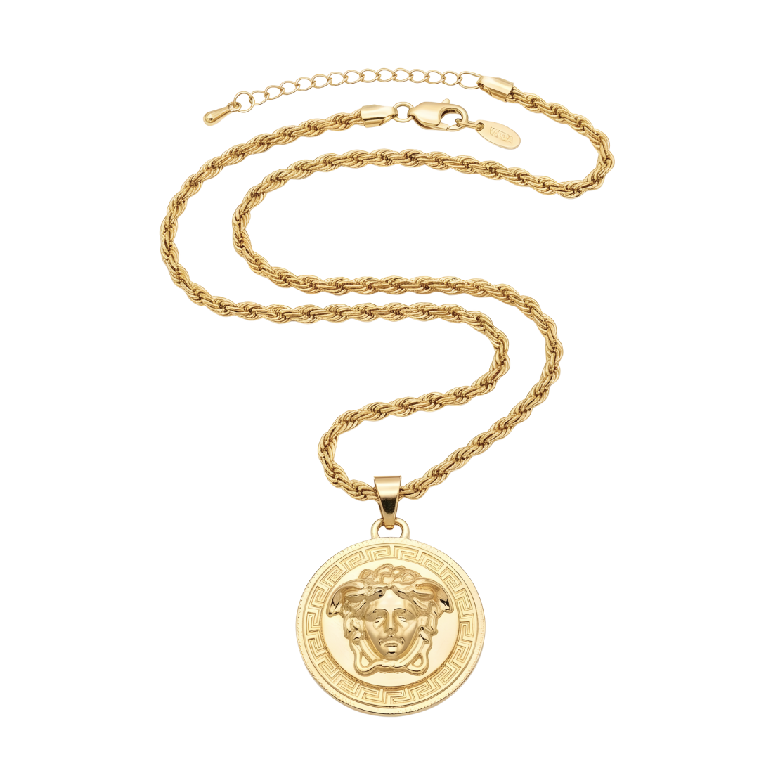 18K Gold Filled Iconic Greek Medusa Head Pendant Necklace – Medallion with Rope Chain