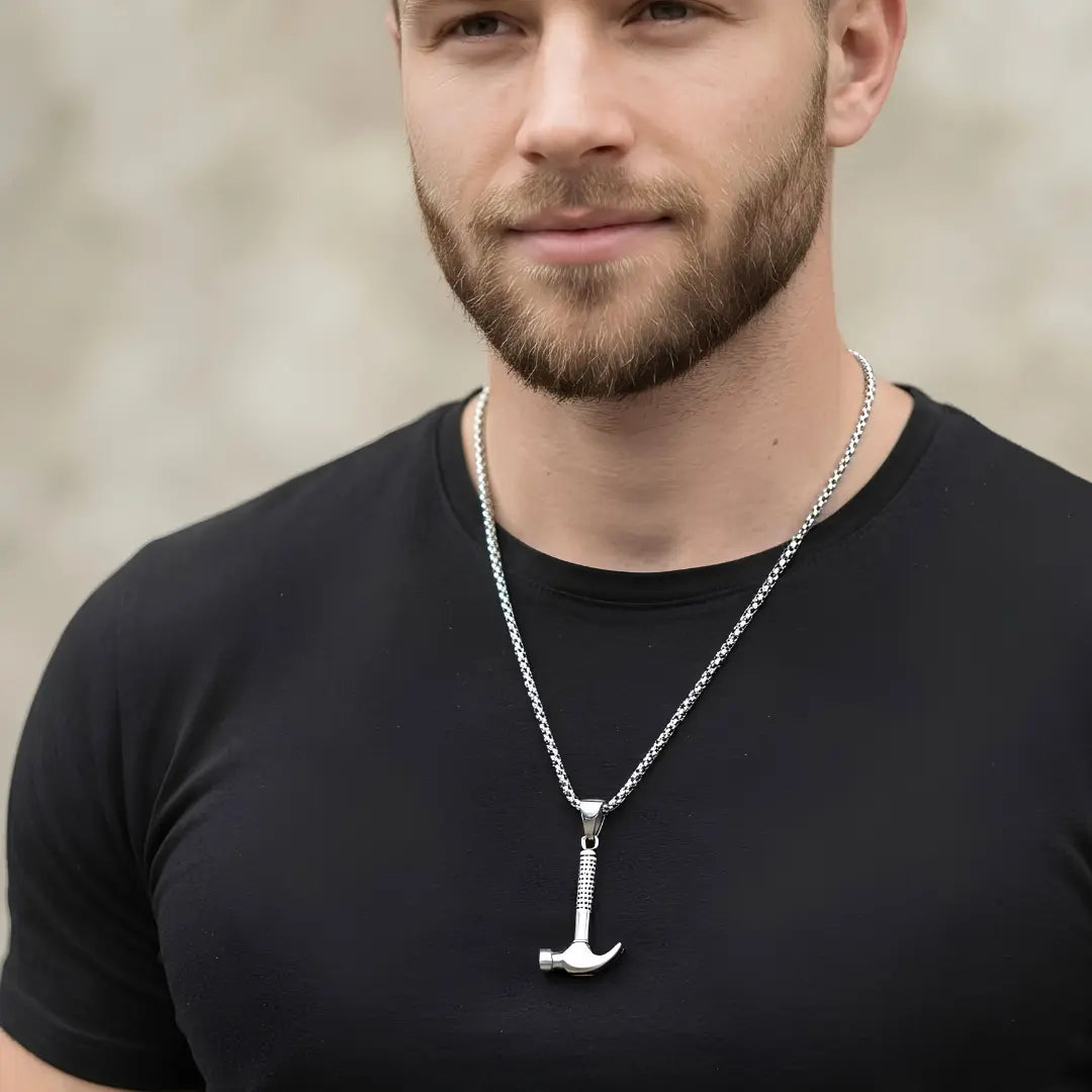 Claw Hammer Pendant Necklace with Silver Box Chain (58cm) – Rugged Industrial Statement Jewelry