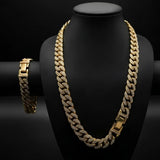 18K Gold Filled Iced-Out Cuban Link Chain Necklace & Bracelet Set (12mm) – Pavé Diamond-Style Luxury Jewelry