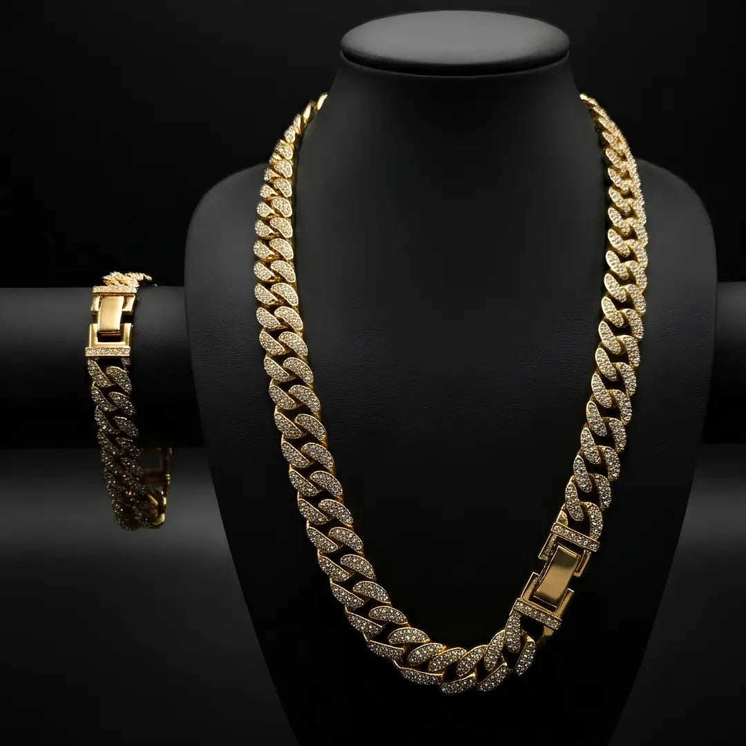 18K Gold Filled Iced-Out Cuban Link Chain Necklace & Bracelet Set (12mm) – Pavé Diamond-Style Luxury Jewelry