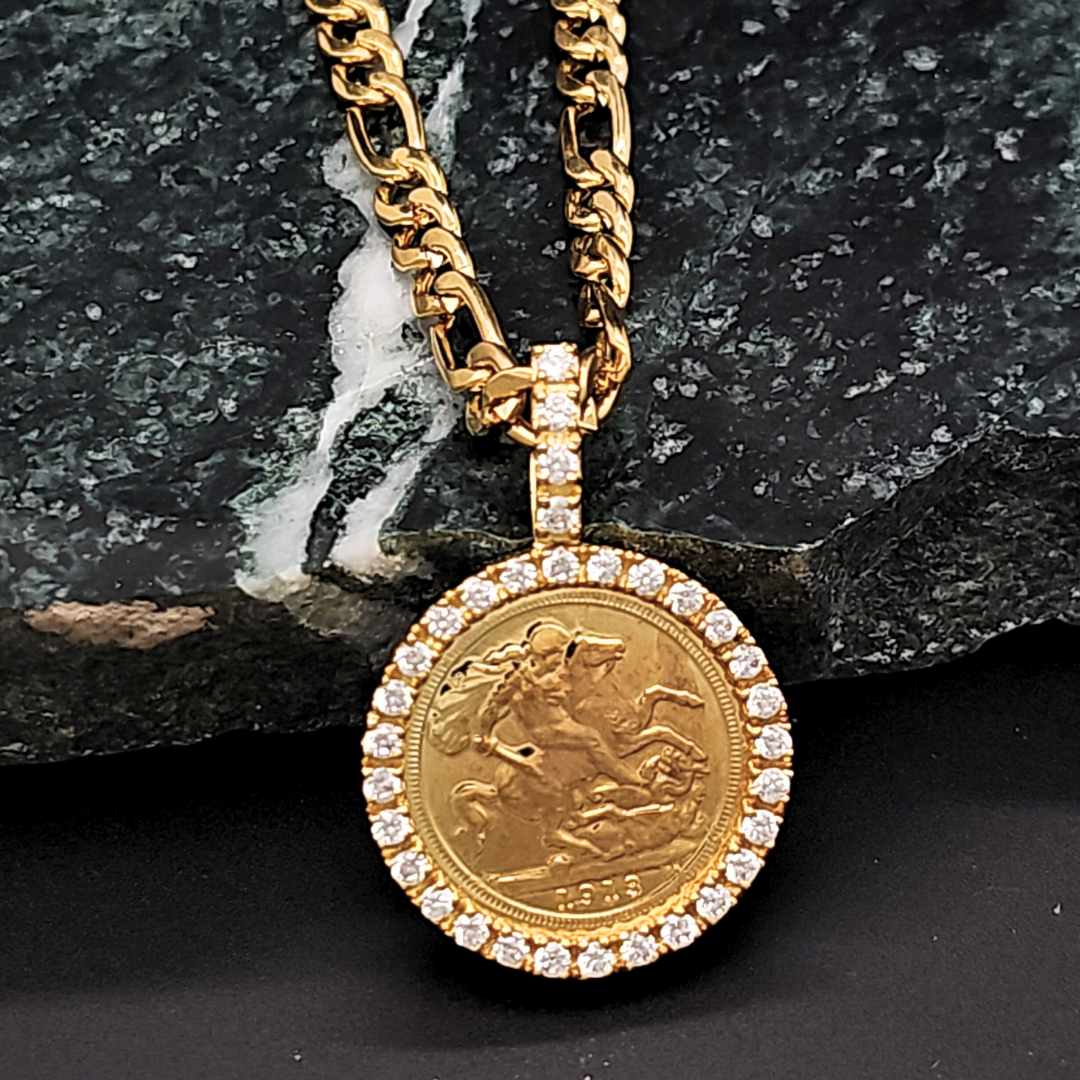 18K Gold Filled Full Sovereign Pendant Necklace 1913 with CZ
