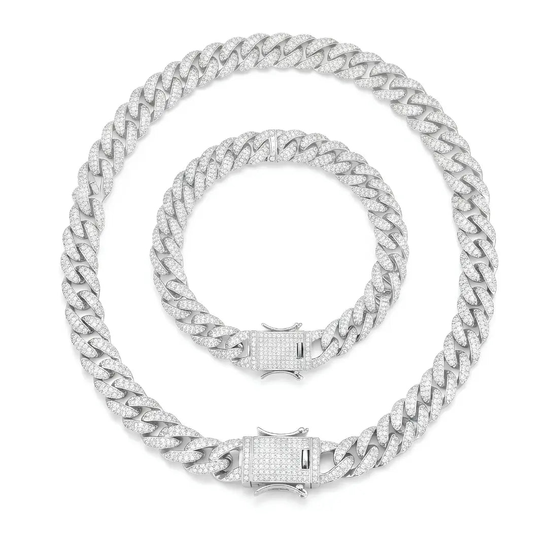 Silver Iced-Out Cuban Link Chain & Bracelet Set (12mm x 40cm Necklace) – Pavé Diamond-Style Luxury Jewelry