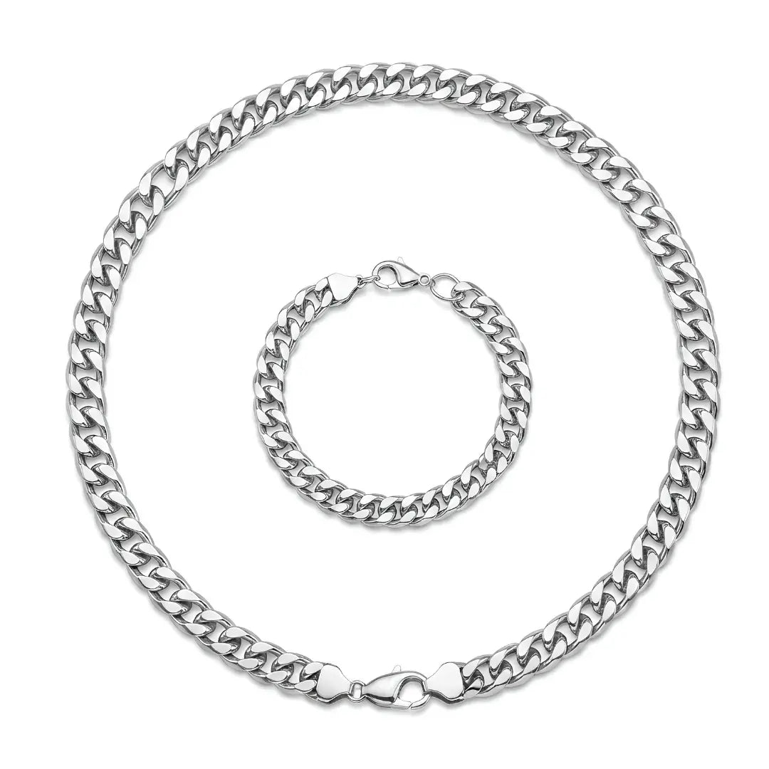 Silver Curb Cuban Link Chain & Bracelet Set (12mm x 60cm) – Heavyweight Statement Jewelry