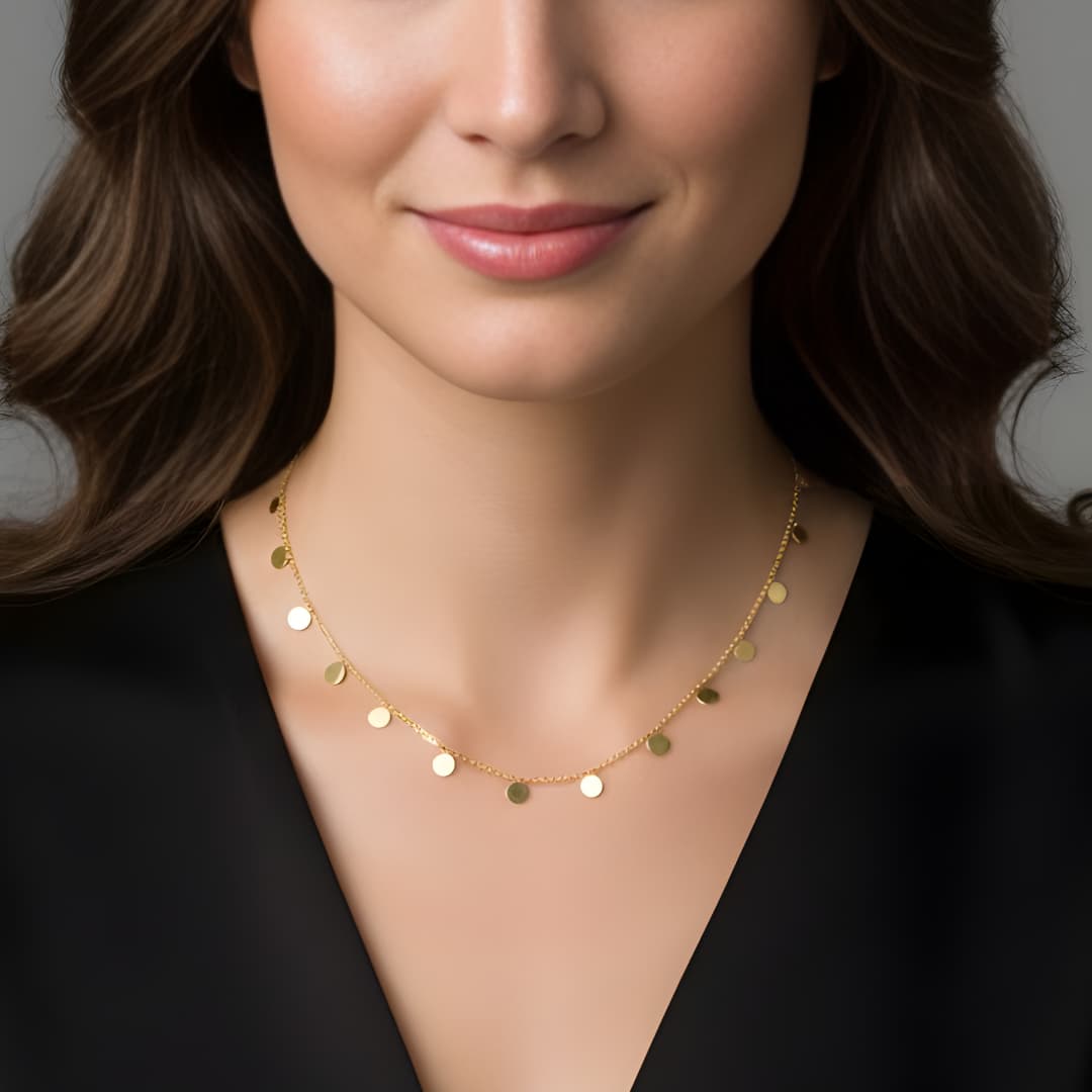 18K Gold Filled Multi-Disc Station Necklace – Dainty Round Circles Choker & Layering Necklace for Women
