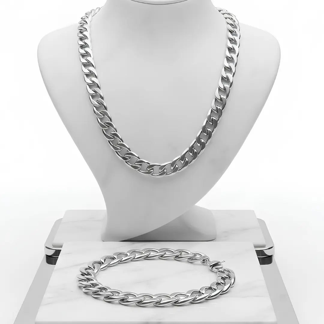 Silver Flat Cuban Link Chain & Bracelet Set (8mm x 60cm) – Tarnish-Resistant Modern Statement Jewelry