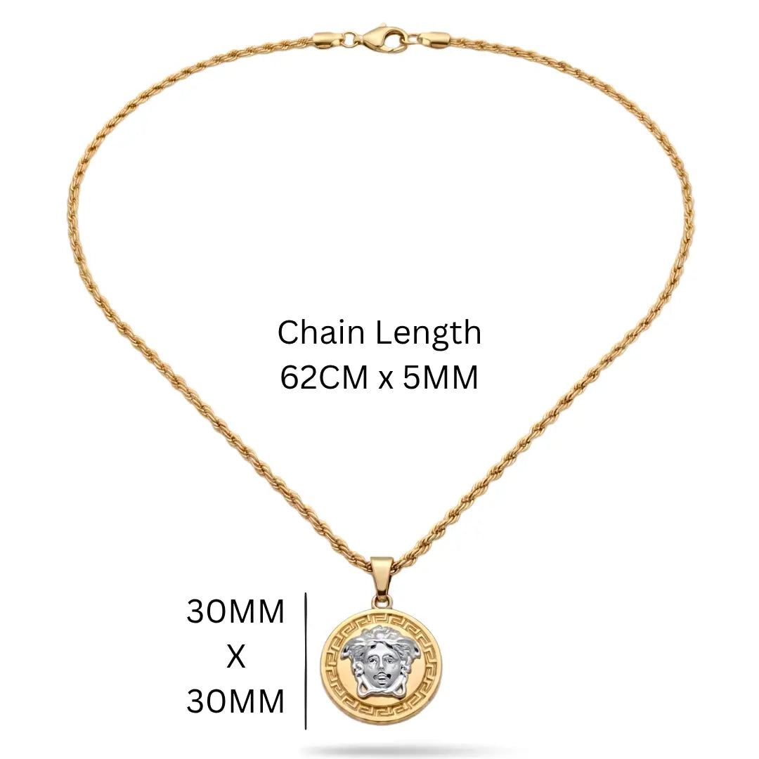 62CM x 5MM 18K Gold-Filled Two-Tone Medusa Medallion Pendant Necklace – Twisted Rope Chain Unisex Greek Key Statement Jewelry