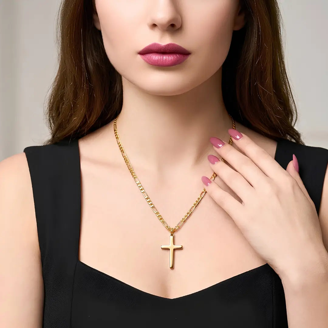 60CM x 4MM 14K Gold Filled Figaro Chain Cross Necklace | Waterproof Tarnish Proof Crucifix Pendant for Men & Women