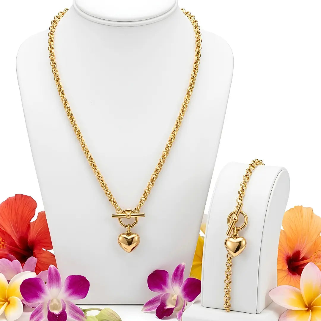 14K Gold Filled Heart Pendant Toggle Necklace & Bracelet Set | Tarnish-Proof Jewelry