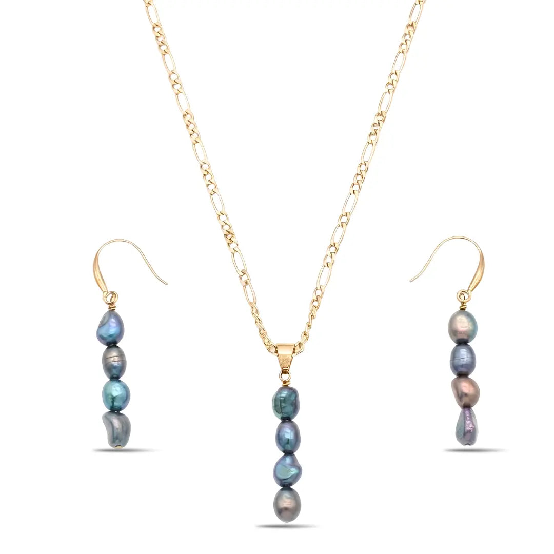 18K Gold Filled Dark Baroque Pearl Necklace & Earrings Set – 6mm Peacock-Toned Pearls, 40mm Vertical Drop Pendant with 60cm Figaro Chain & 30mm Dangle Earrings