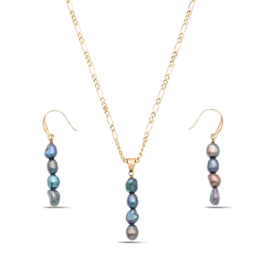 18K Gold Filled Dark Baroque Pearl Necklace & Earrings Set – 6mm Peacock-Toned Pearls, 40mm Vertical Drop Pendant with 60cm Figaro Chain & 30mm Dangle Earrings