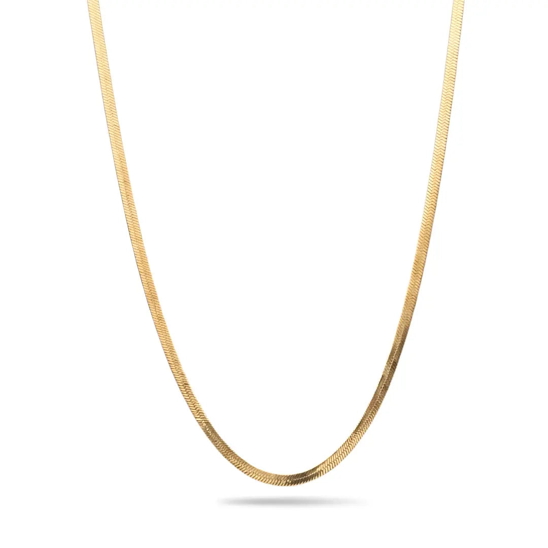 40CM + 5CM Extension 18K Gold-Filled Tarnish-Proof Herringbone Chain Necklace – Unisex Liquid Gold Flat Snake Chain