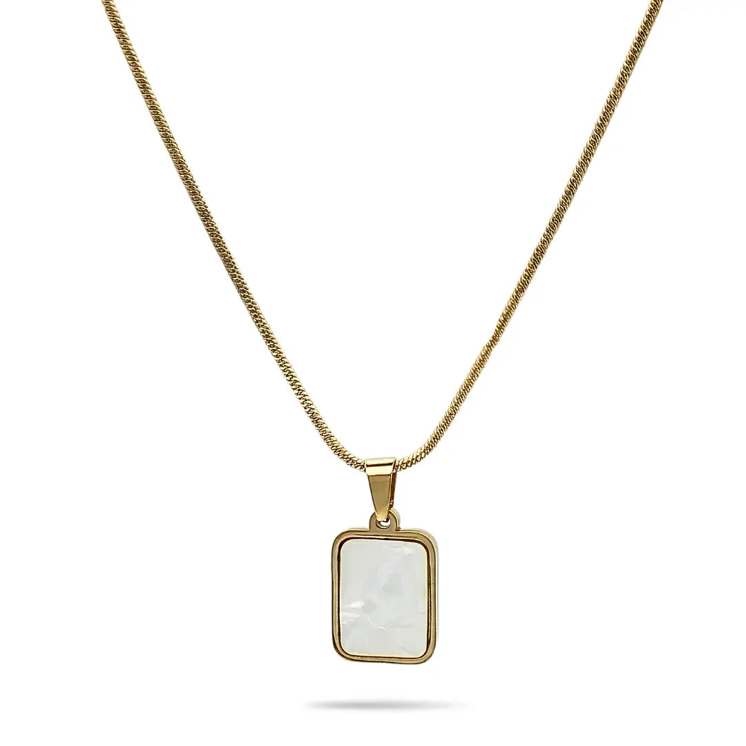 48CM 18K Gold Filled Double Sided Onyx & Mother of Pearl Reversible Rectangular Pendant Necklace | Tarnish Proof Gold Snake Chain