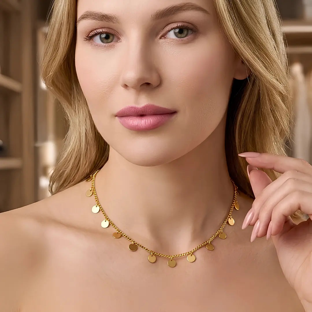 18K Gold Filled Disc Drop Choker Necklace – Tarnish-Proof Dangle Coin Charm Necklace