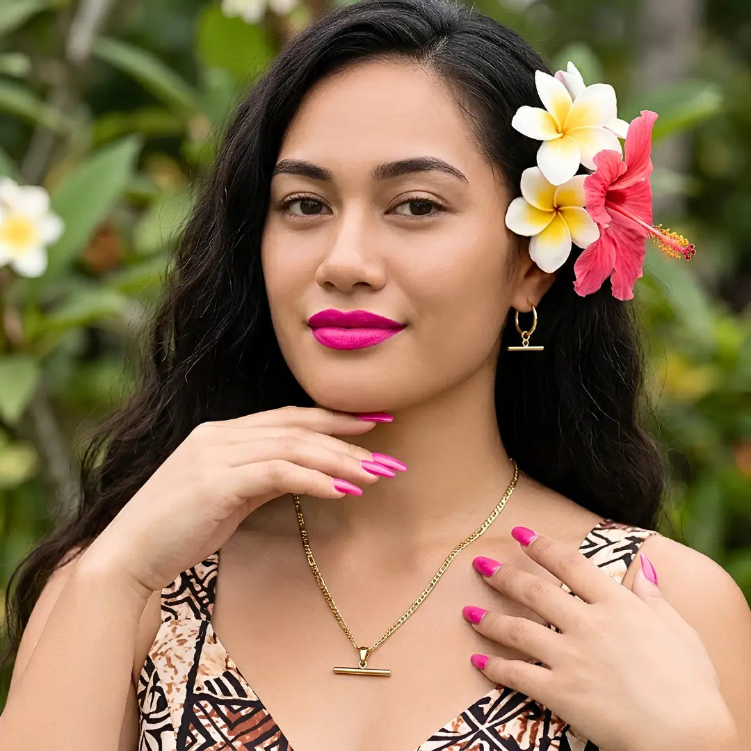 18K Gold Filled Tarnish Proof Hawaiian Figaro Chain Necklace & T-Bar Hoop Earrings Set