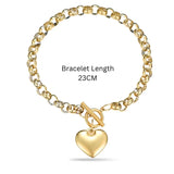 14K Gold Filled Heart Pendant Toggle Clasp Jewelry Set | Tarnish Proof Rolo Chain Necklace, Bracelet & Hoop Earrings