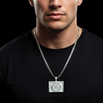 Silver Rhodium Plated Square Sovereign Pendant Necklace – 1911 St. George Coin with CZ Frame