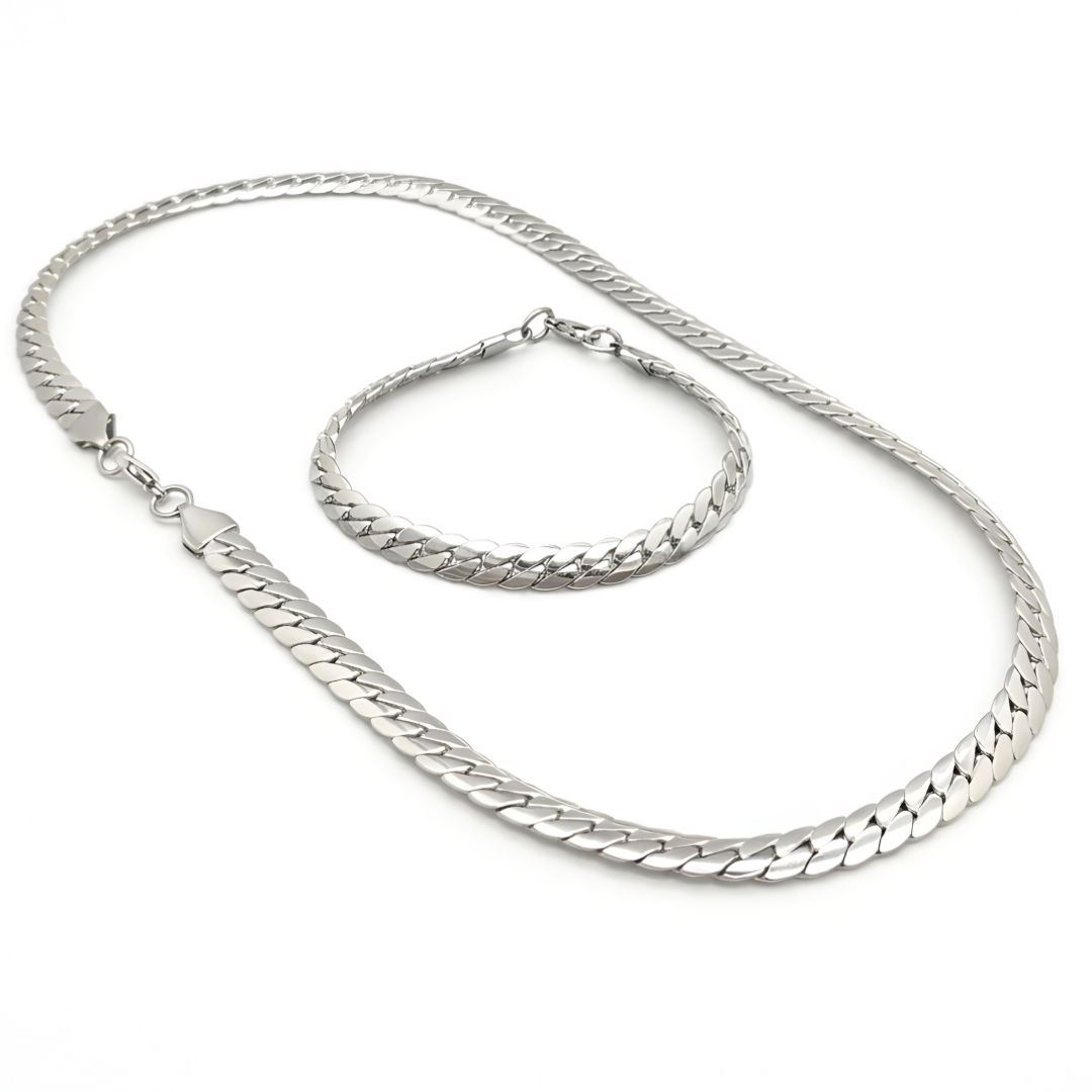 Silver Classic Cuban Link Chain & Bracelet Jewelry Set – Flat-Bevel Silver Curb Chain Matching Set for Men & Women