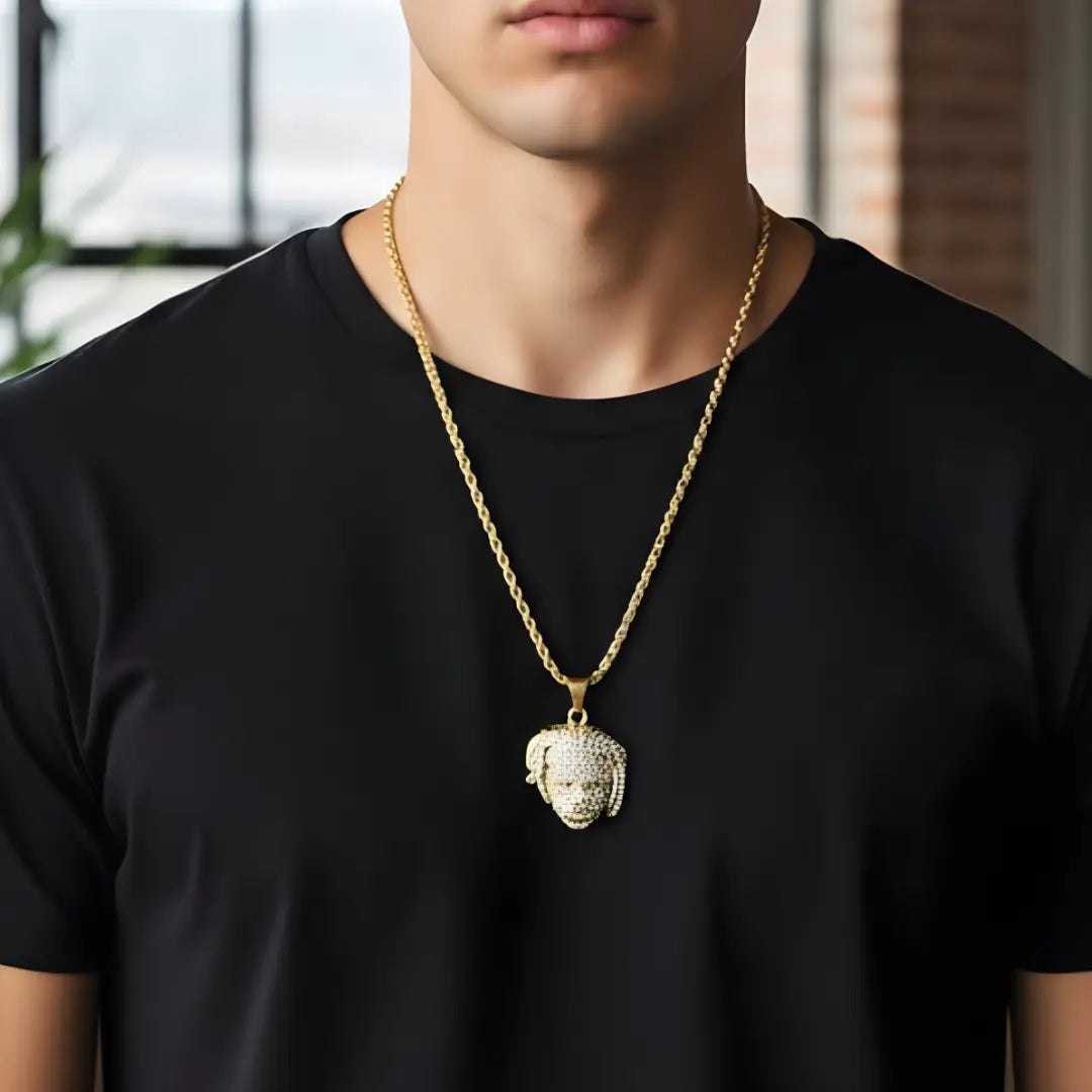 Gold Filled Micro Paved Face Rhinestone Pendant Necklace