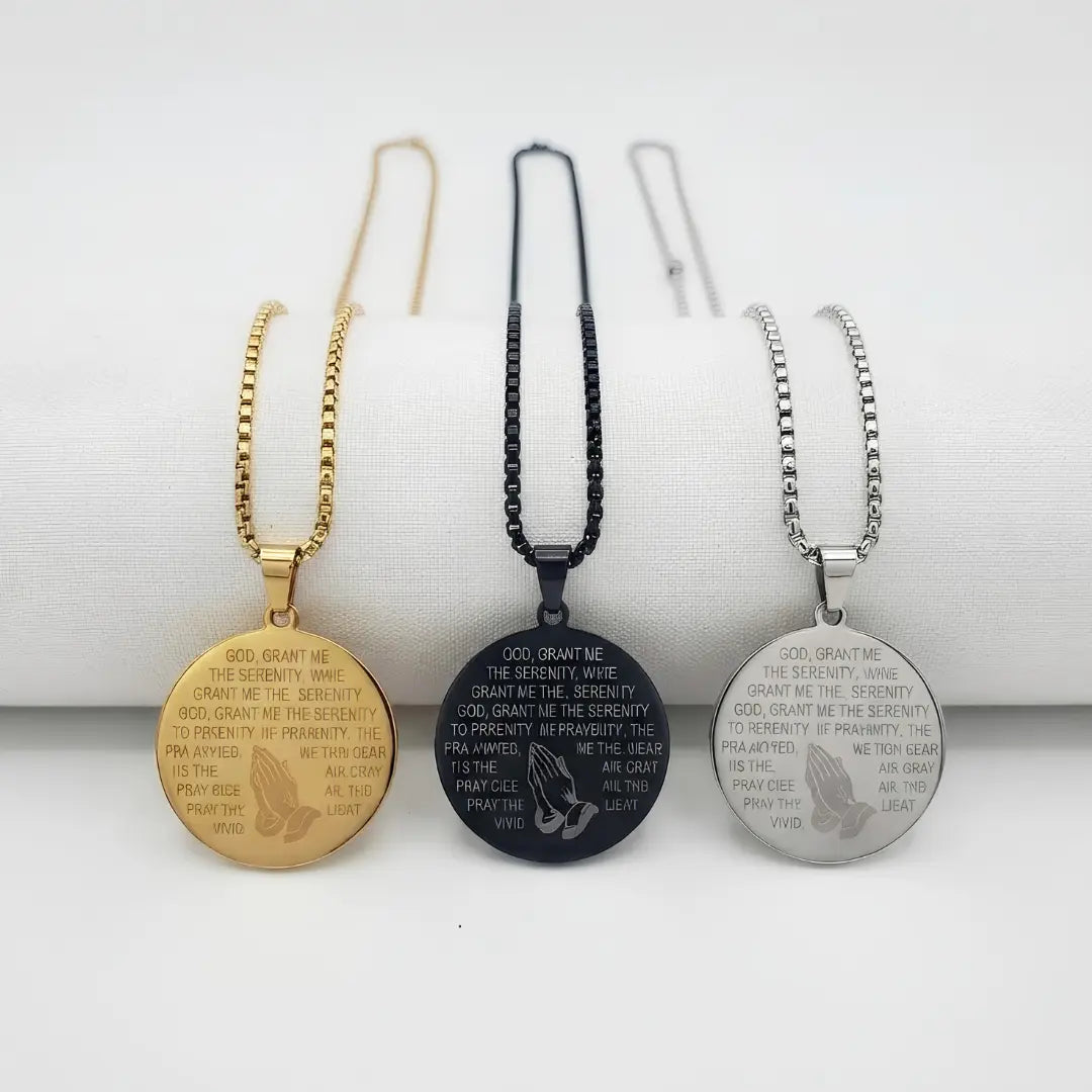 Serenity Prayer & Praying Hands Medallion Necklace (Black, Gold & Silver Tone) – 52cm Belcher Chain