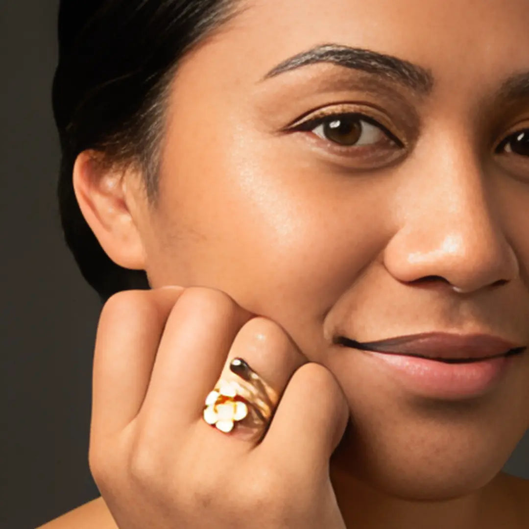 18K Gold Filled Hawaiian Plumeria Ring with Black Pearl