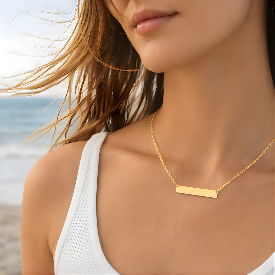 18K Gold Filled Horizontal Bar Pendant Necklace – Sleek Engravable Minimalist Gold Necklace for Women