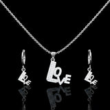 Silver-Plated Cubic Zirconia "LOVE" Letter Pendant Necklace and Drop Hoop Earring Set