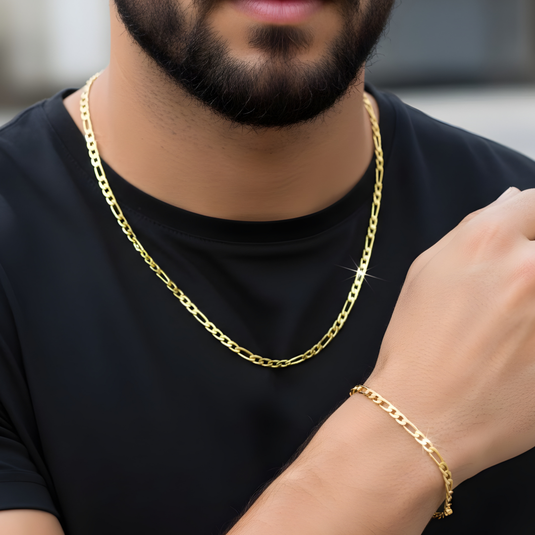 18K Gold Filled Tarnish Proof Figaro Chain & Bracelet Set