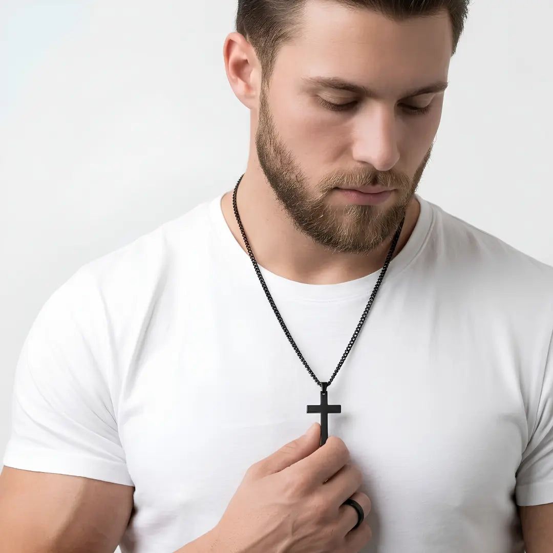 Stainless Steel Cross Pendant Necklace with Curb Chain – Tarnish-Proof Unisex Religious Jewelry in Silver & Black