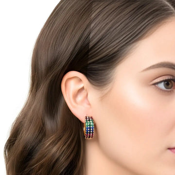 18K Gold Filled Multicolored Rainbow CZ Huggie Hoop Earrings – Wide Triple-Row Gemstone Hoops