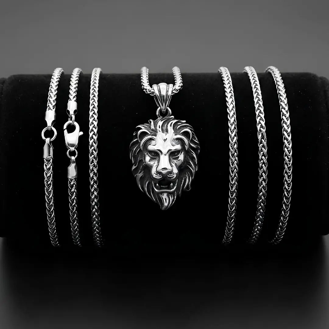 Lion Head Pendant Necklace – Stainless Steel Franco Chain (60cm) – Bold Strength & Leadership Statement Jewelry