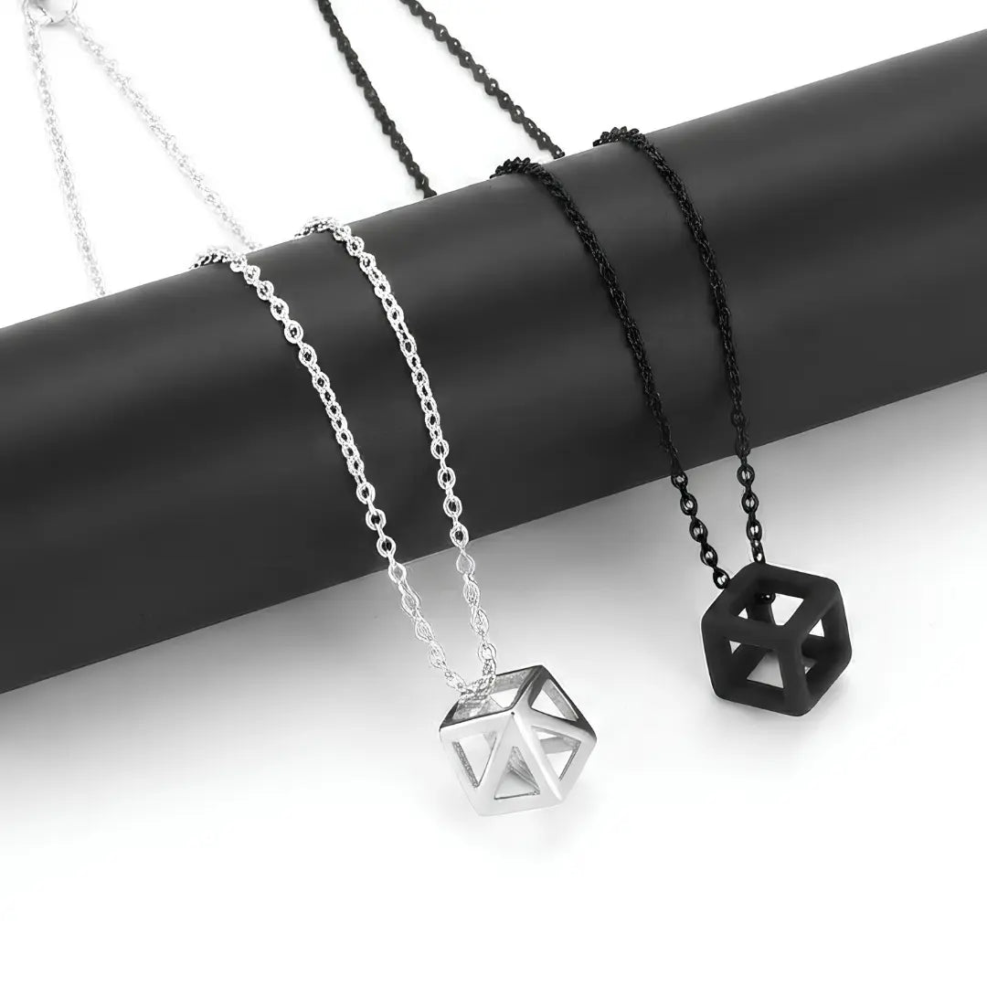 Geometric Cube Pendant Necklace – 60cm 3mm Curb Chain in Silver & Black