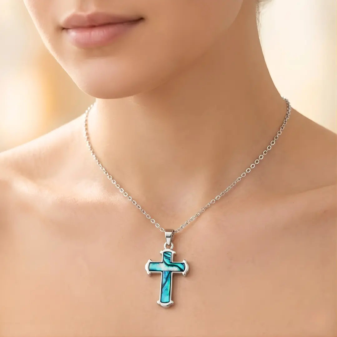 Silver Paua Shell Cross Necklace