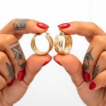 18K Gold Filled Polynesian Engraved Hoop Earrings – Pasifika Island Motif Statement Hoops