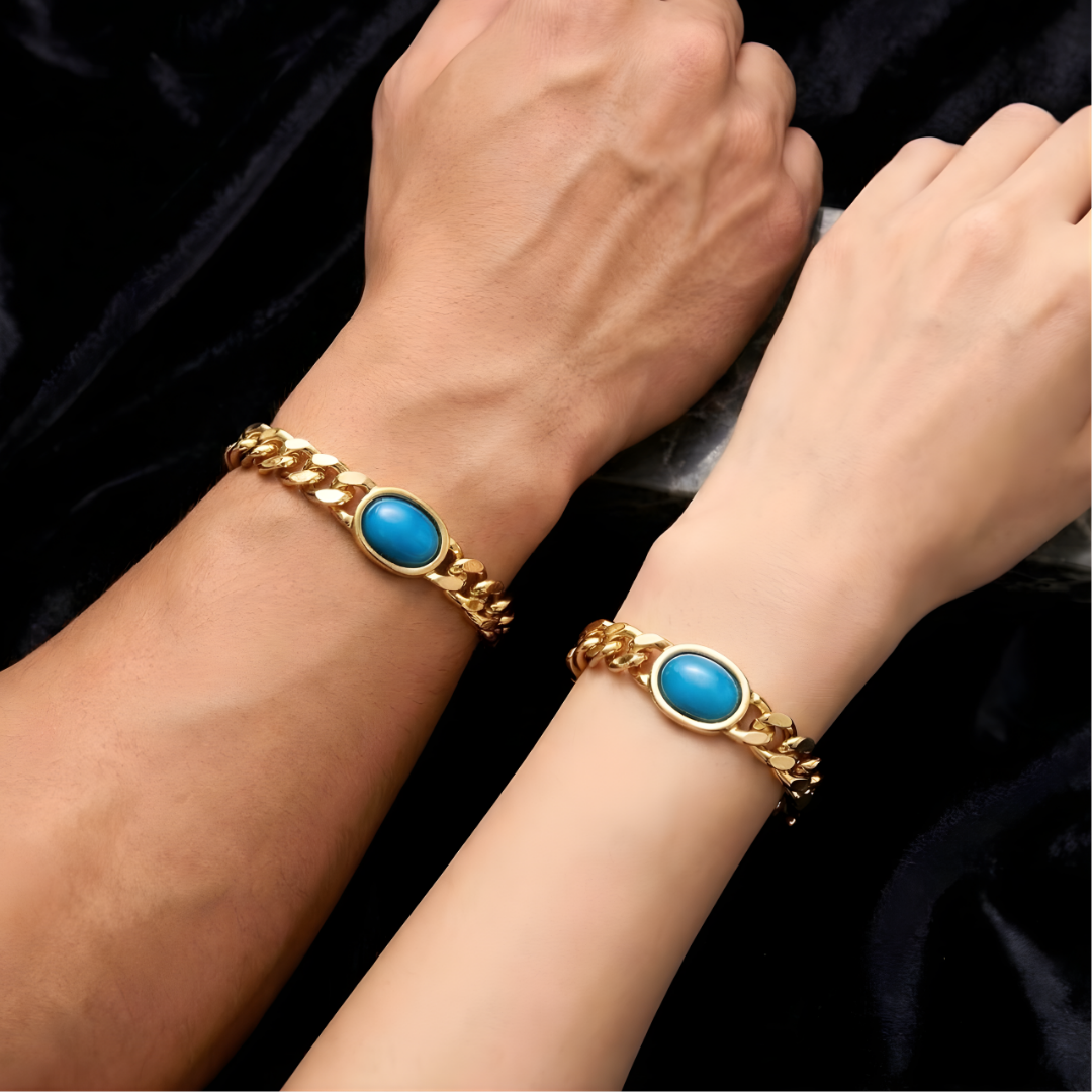 18K Gold Filled Curb Cuban Link Turquois  Bracelet