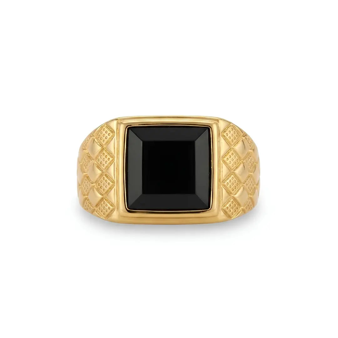 Black Onyx Signet Ring – Textured Square Face | Tarnish Proof (US Sizes 8, 9 & 10)