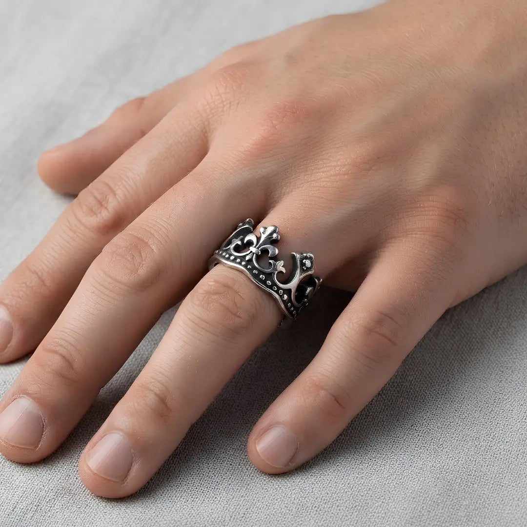 Crown Fleur-de-Lis Ring – Ornate Architectural Design | Tarnish Proof (US Sizes 9 & 10)