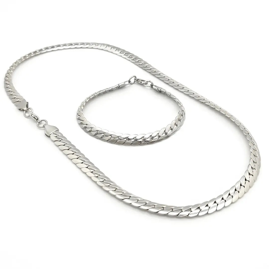 Silver  Cuban Link Chain & Bracelet Set