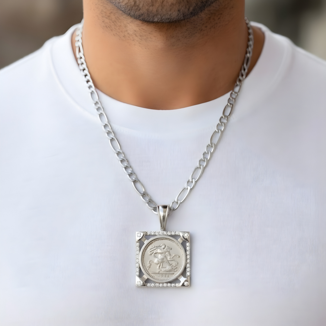 Silver Rhodium Plated Square Sovereign Pendant Necklace