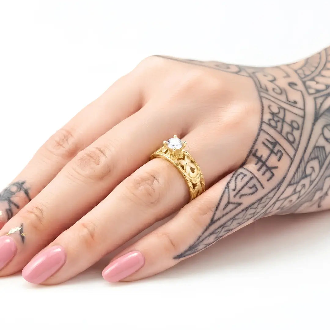 18K Gold Filled Heirloom Filigree Engagement Ring – Hawaiian Scroll CZ Solitaire Ring for Women