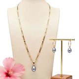 18K Gold Filled Figaro Chain Necklace & Drop Hoop Earrings Set – Freshwater Baroque Pearl Jewelry Suite, 60cm + 5cm Extension